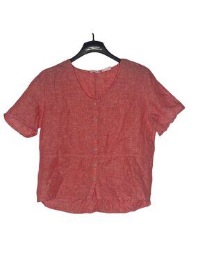 Sigrid Olsen Linen Boxy  Button Down Top Sz SM Coastal Minimalist Red Pink Salmo